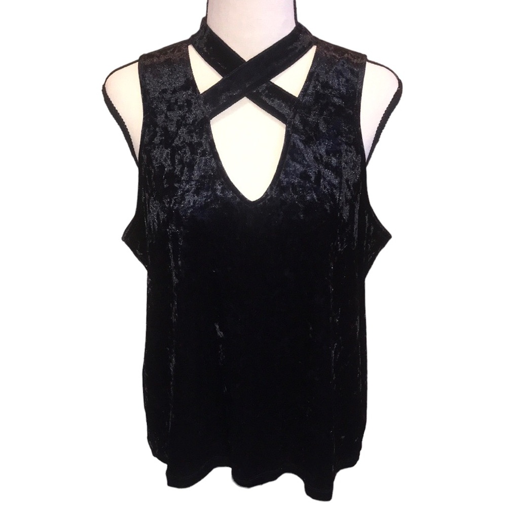 Buffalo David Button Blouse Black Velvet Styler Criss Cross Front High Neck LG
